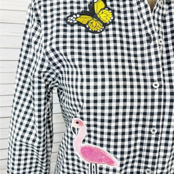 H&M Shirt Women Size 2 Black White Sequin Appliqué Gingham Check Button Front - Picture 4 of 8